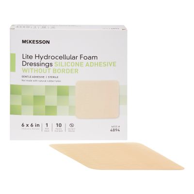 McKesson Lite Hydrocellular Foam Dressing w/ Silicone Adhesive w/o Border, 6 x 6