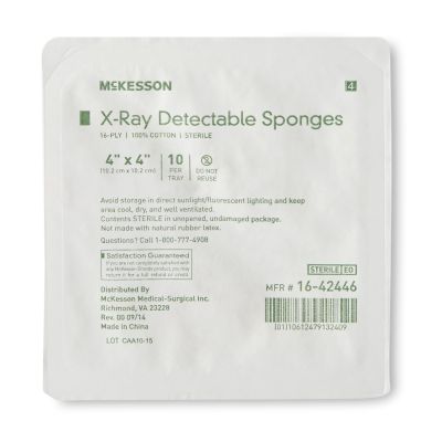 McKesson Sterile X-ray Detectable Gauze Sponge, 4 x 4 Inch, 16-Ply