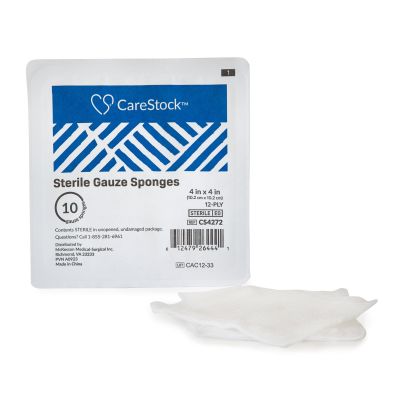 CareStock Gauze Sponge, 4 x 4 in. 12-Ply - Medical-Grade Cotton Wound Dressing - Sterile